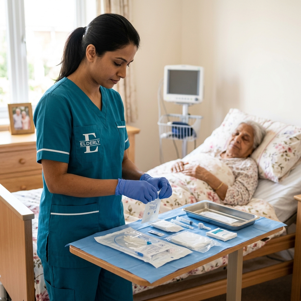 Indian nurse preparing equipment at home
