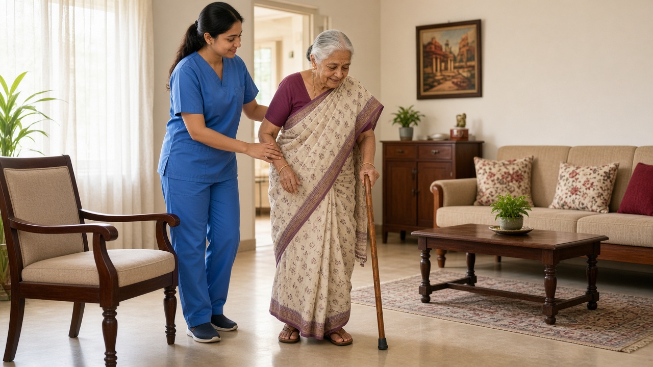 Indian caregiver helping an elderly woman walk at home