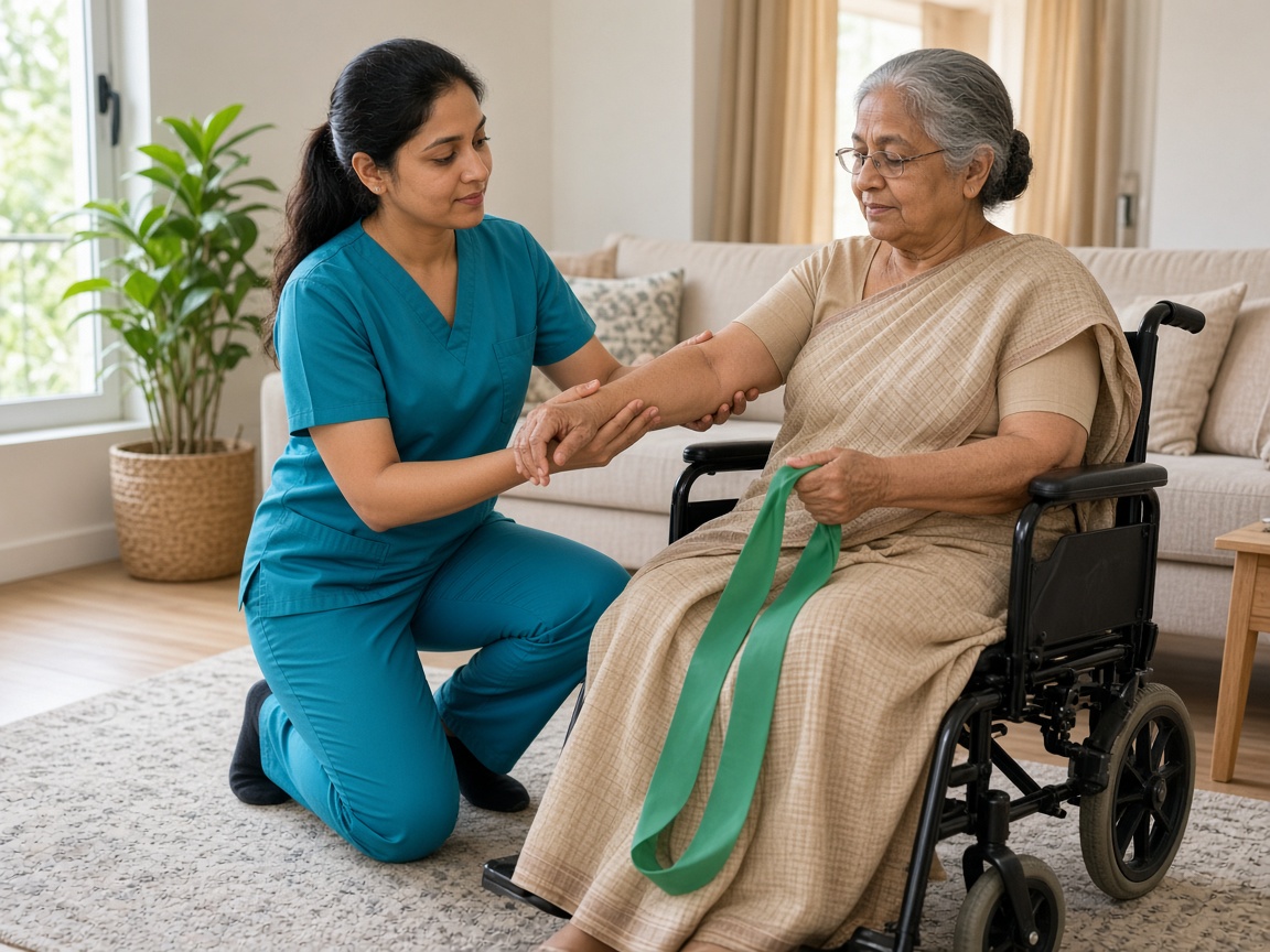 Indian physiotherapist guiding an elderly woman through exercises at home