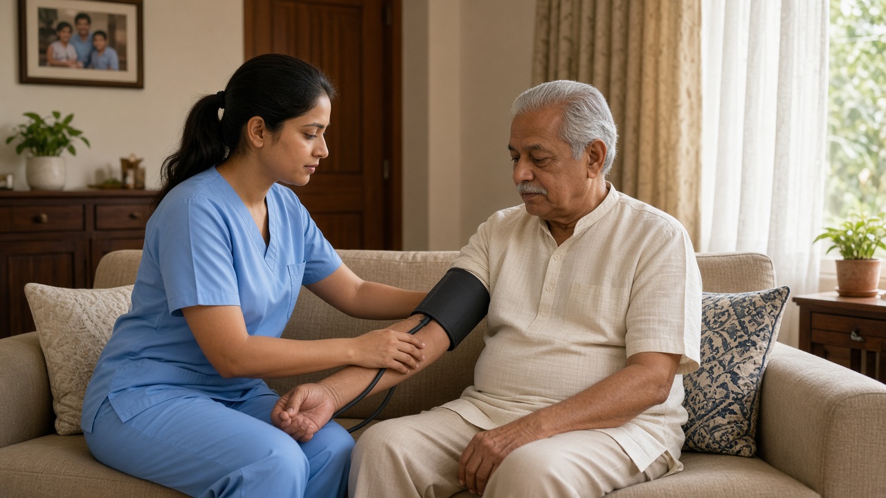 Indian nurse checking blood pressure for an elderly patient at home