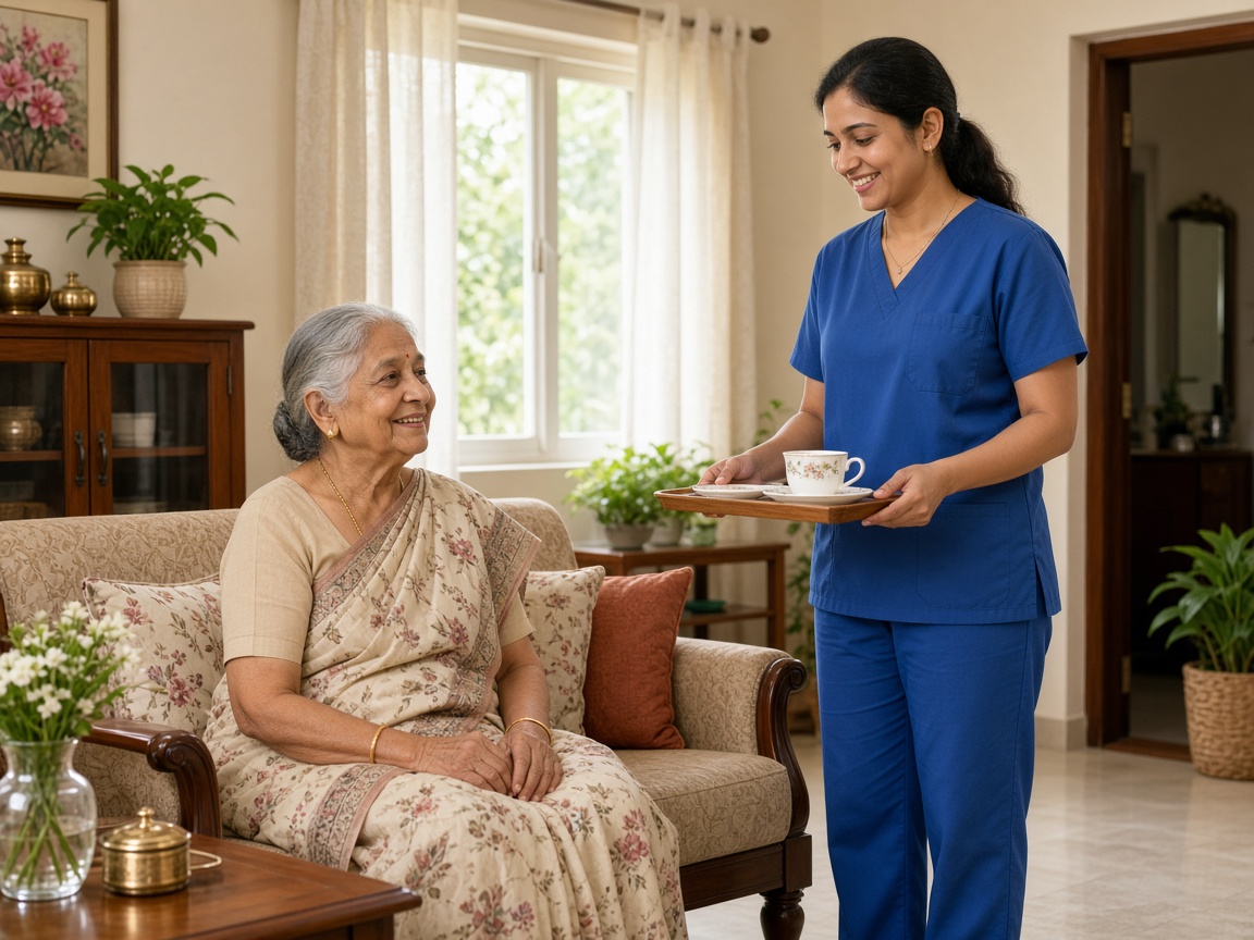 Elderly woman receiving compassionate care at home in India